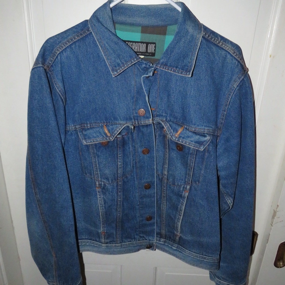 Women’s Generation One Vintage green Plaid Lined Trucker Jean Jacket
